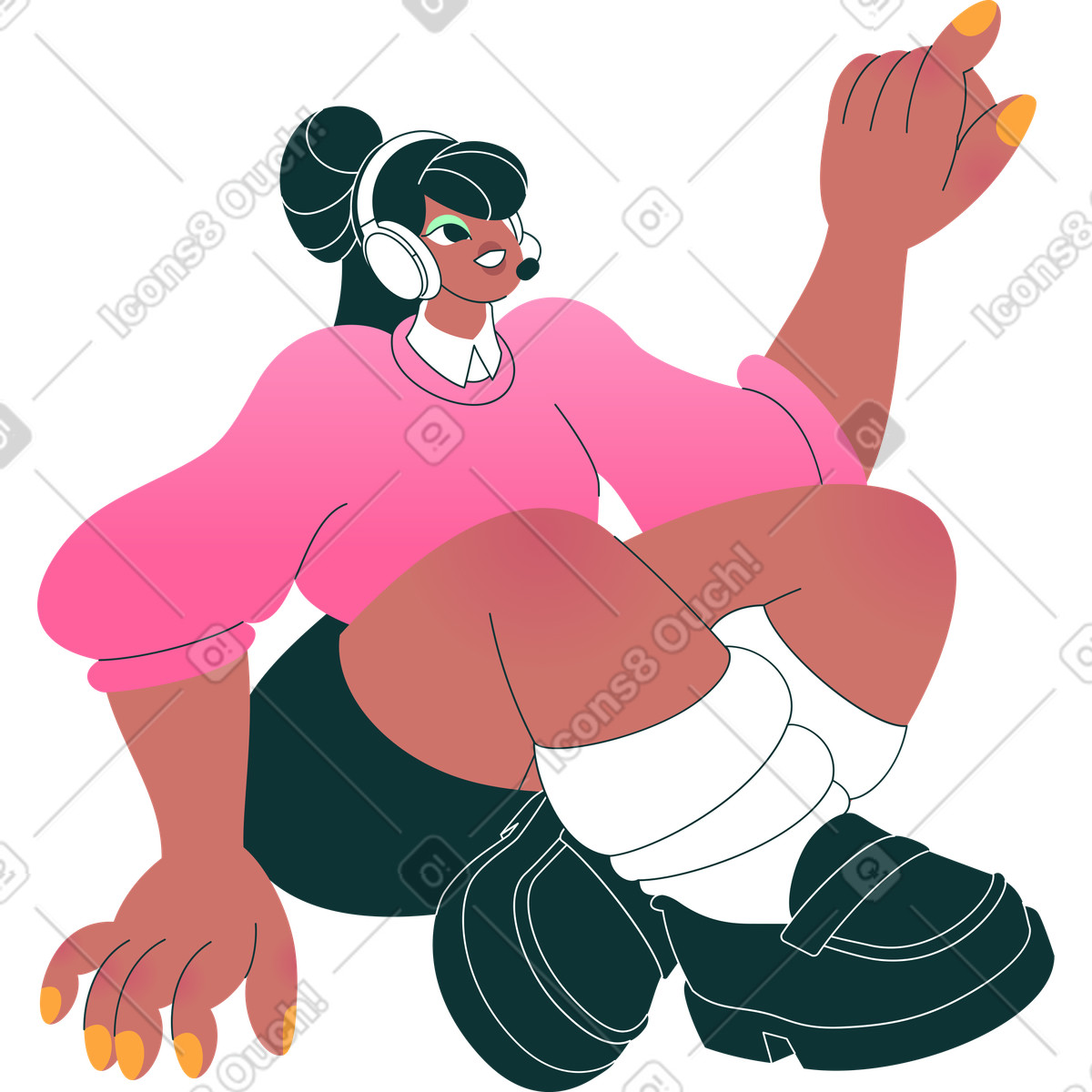 Ilustração de Mulher no fone ouvido sentada com as pernas cruzadas e apontando para algo em estilo Florid baixar em PNG, SVG