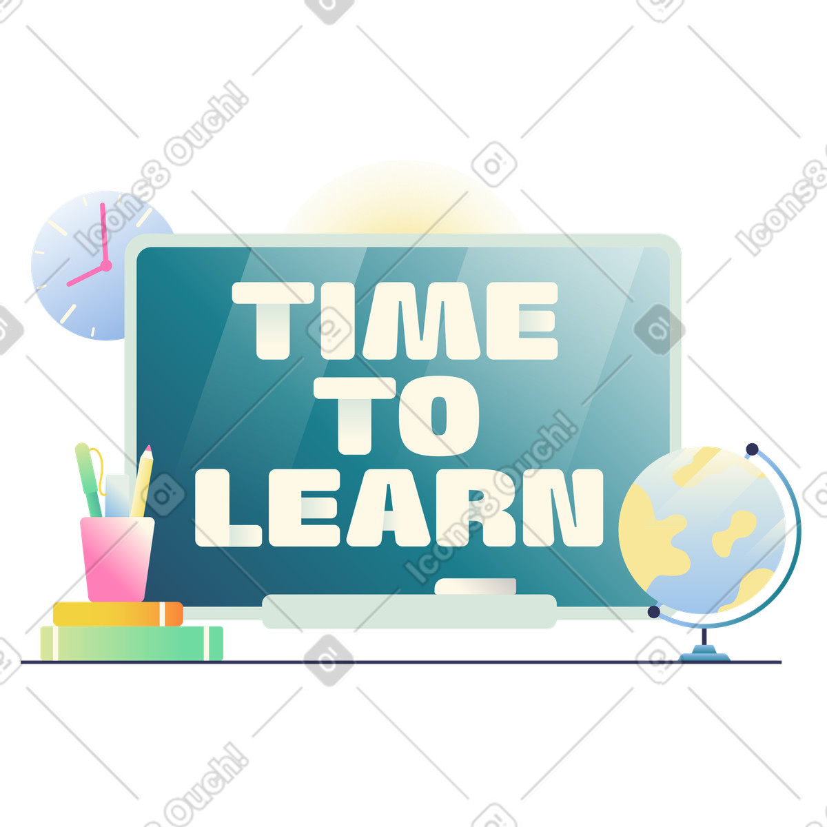 Lettering Time to Learn illustration featuring globe and pencils clipart for educational purposes