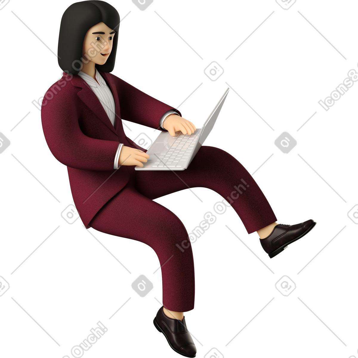 Seated businesswoman in red suit with laptop illustration 3D Business style download PNG, SVG