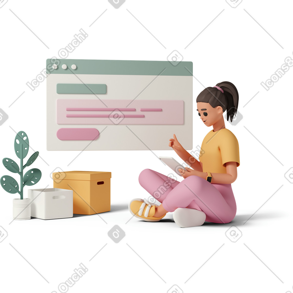 Woman sitting crosslegged working on tablet illustration in 3D Casual life style download in PNG, SVG