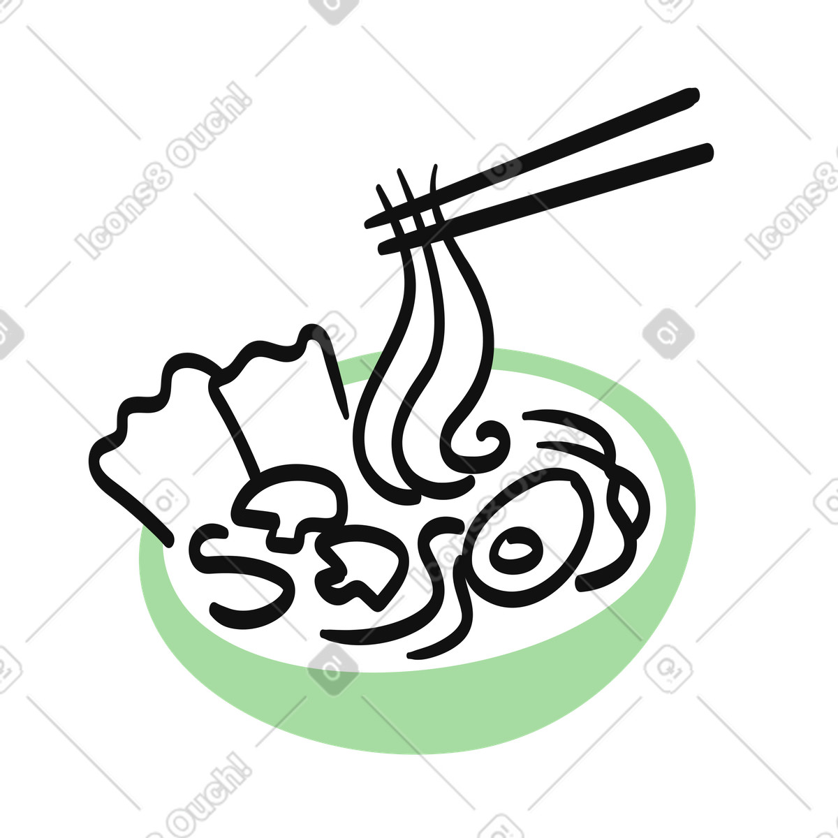 Illustration Ramen bowl with chopsticks noodles egg and vegetable topping dans le style Organic à télécharger aux formats PNG, SVG