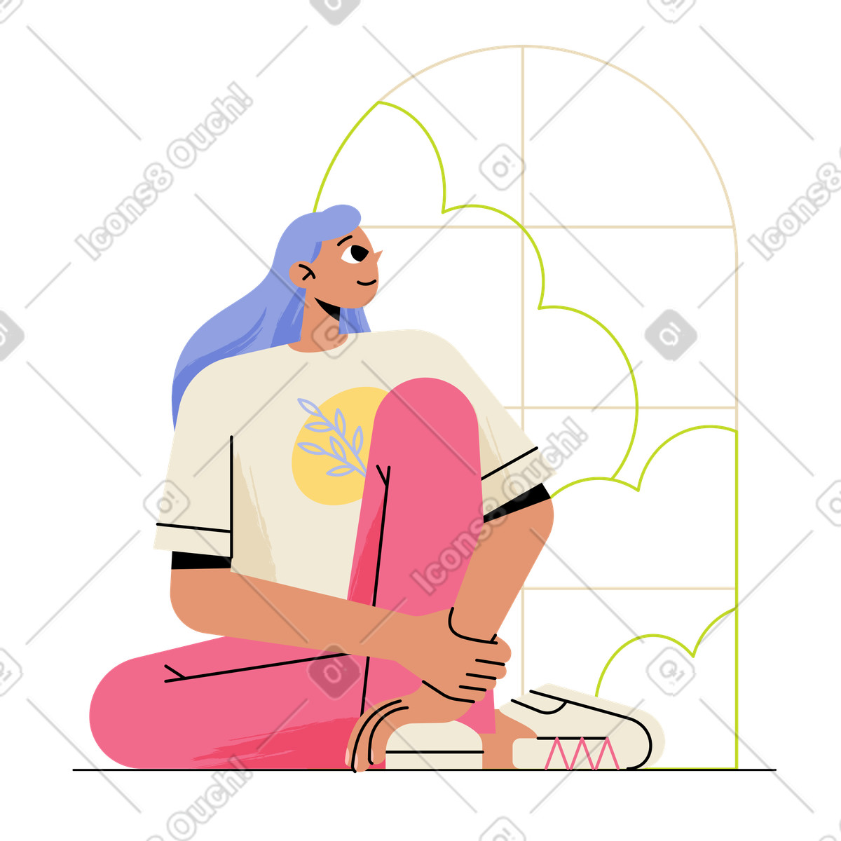 Thoughtful pose by window, Inspiration or creative thinking place-Illustration im Juicy-Stil als Download in PNG, SVG