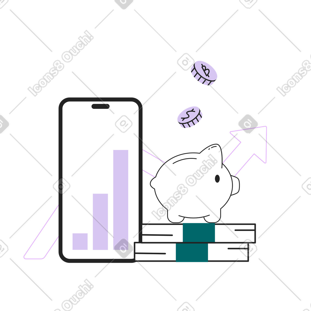 Smartphone con grafico di crescita finanziaria illustrazione in stile Sammy Line scarica in PNG, SVG