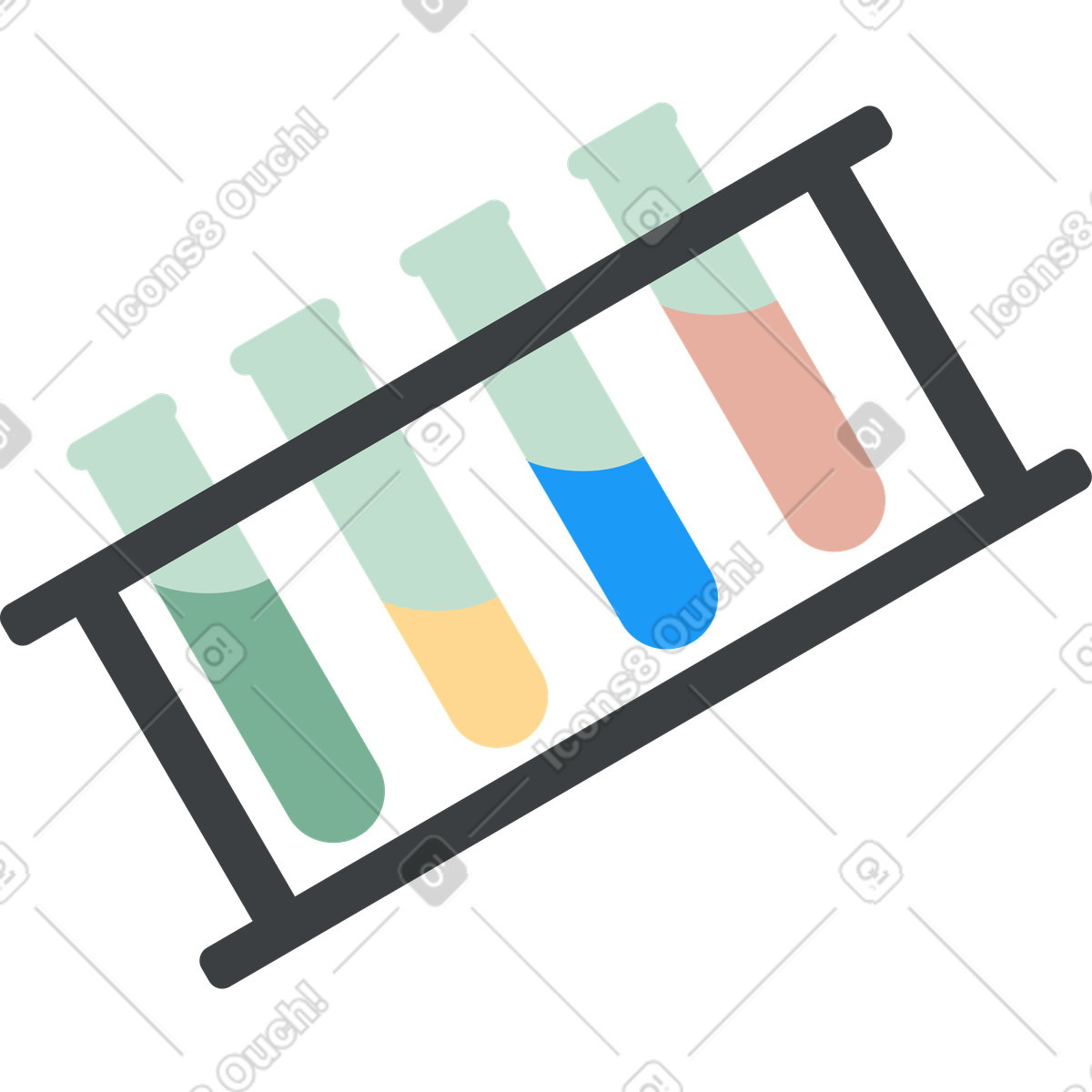 Illustration Quatre tubes à essai avec différents liquides sur un support dans le style Kiddo télécharger aux formats PNG, SVG