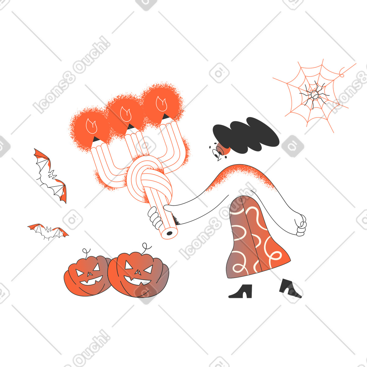 Woman holding halloween candle with pumpkins and bats illustration in PNG, SVG