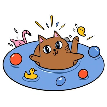 A fluffy ragdoll cat with striking blue eyes is swimming in a crystal-clear pool. The cat is playfully surrounded by colorful floaties in various shapes, including a pink flamingo and a yellow duck. Bright beach balls in red, blue, and yellow are scattered around the pool, creating a lively atmosphere. Sunlight glints off the water, illuminating the cat's soft fur as it paddles happily.