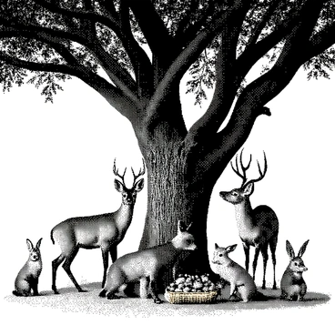 A group of various animals is gathered under a giant tree in a forest. The animals include a deer, a fox, a rabbit, and a few birds perched on the branches. They are arranged in a circle, appearing to engage in a festive celebration. The deer is standing tall with an elegant posture, while the fox sits playfully beside a basket filled with fruits. The rabbit is holding a small flag, and the birds are chirping happily. The tree is large, with sprawling branches and a textured trunk, providing a sense of grandeur to the scene. The ground is covered with leaves and soft grass, adding to the natural atmosphere.