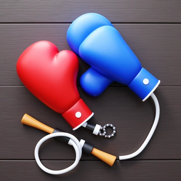 A collection of "boxing gloves" in red and blue colors, paired with "hand wraps" in contrasting shades of black and white. A "jump rope" with wooden handles lies beside them, all neatly arranged on a dark wooden surface. The gloves are slightly inflated, showcasing their detailed stitching, while the hand wraps are coiled neatly. The jump rope is coiled in a gentle curve, creating a balanced composition.