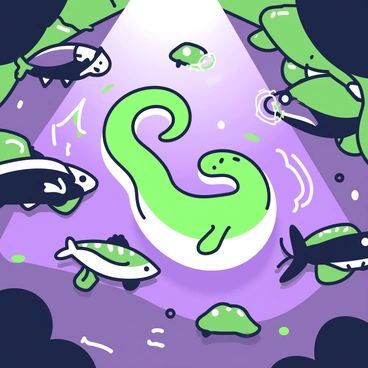 An electric eel is swimming in a murky river, its elongated body undulating gracefully through the water. The eel is positioned in the center of the scene, with ripples radiating outward from its body. Surrounding the eel, there are shadowy figures of nearby predators, such as piranhas and a larger fish, darting back in surprise. The eel is emitting a visible shock wave, represented by jagged lines and bright flashes in the water around it. Light filters through the water, casting a soft glow on the murky surroundings, contributing to the atmosphere of a dynamic underwater environment.