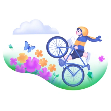 A modern pastel illustration depicting a cyclist wearing a bright helmet and colorful apparel, gently tumbling off their bike. The cyclist has a surprised expression while falling towards a vibrant flower bed filled with various flowers in shades of pink, yellow, and blue. The bike is a classic design with a sleek frame and a basket at the front. Surrounding the scene are fluffy clouds in a soft blue sky, and a few butterflies fluttering around the flowers, adding a whimsical touch to the scene.