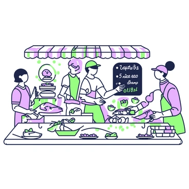 A bustling deli counter at a fish market is filled with an array of seafood dishes. Fresh fish are displayed on ice, glistening under the overhead lights. There are various types of fish, such as salmon, tuna, and halibut, each expertly arranged. Behind the counter, a fishmonger is slicing fillets with a knife, while another staff member is placing plates of seafood dishes, including shrimp cocktails and crab cakes, for customers to see. A chalkboard menu is mounted on the wall, displaying the daily specials in clear letters. The atmosphere is lively, with customers browsing and engaging with the staff.