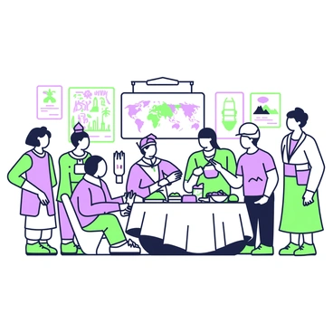 A group of diverse participants is gathered in a conference room for a cultural exchange program organized by the government. The participants include individuals from various backgrounds, each dressed in their traditional attire. In the center of the room, a round table is covered with flags representing different countries. On the walls, there are posters showcasing cultural symbols and landmarks from around the world. Some participants are engaged in animated discussions, while others are sharing traditional food from their respective cultures, displayed on a table nearby. In the background, a projector displays a presentation highlighting the goals and benefits of the cultural exchange program.