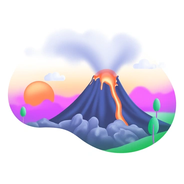 A modern pastel illustration depicting a "volcano erupting" with "lava flowing" down its sides. The scene captures "ash clouds" billowing into the sky. In the background, there is a vibrant "sunset" with hues of orange, pink, and purple blending together. The lava glows brightly against the darker tones of the ash, creating a striking contrast. The landscape includes rocky terrain surrounding the volcano, with a few sparse trees in the foreground.