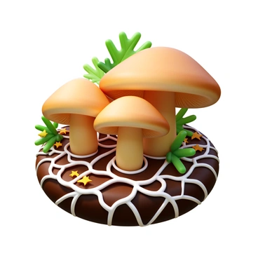 A close-up view of mushrooms with varying shapes and sizes growing on a forest floor. The mushrooms have caps in shades of brown and cream, showcasing their gills underneath. Surrounding the mushrooms, visible mycelium appears as a white web-like network interspersed with dark soil and scattered leaves. Sunlight gently filters through the canopy above, casting soft shadows across the scene.