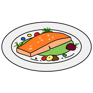 A round white plate holding an elegantly arranged gourmet dish. The dish features a perfectly seared piece of salmon, glistening with a light glaze. Surrounding the salmon are colorful dots of beet puree, bright green pea puree, and tiny sprigs of fresh microgreens. A small pile of roasted cherry tomatoes adds a pop of color, while thin slices of lemon are neatly placed at the edge of the plate. The presentation showcases a drizzling of balsamic reduction artistically swirled around the food. The overall composition emphasizes vibrant colors and careful arrangement, creating an inviting and appetizing appearance.