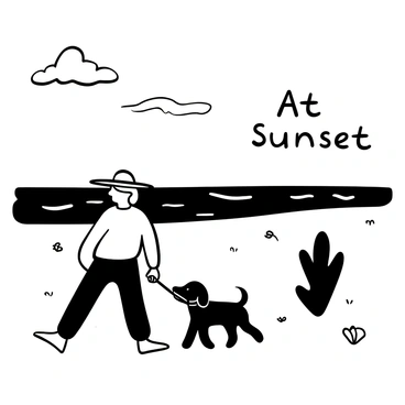 An elderly person wearing a wide-brimmed hat is walking a small dog along a sandy beach. The dog is pulling gently on the leash, eager to explore. The horizon is filled with the silhouette of distant waves rolling onto the shore. A few seashells are scattered in the sand, and wispy clouds are positioned above, hinting at the time of day. The words "At Sunset" are displayed in an elegant font in the sky.