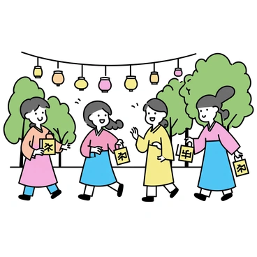 Children dressed in colorful hanboks walking down a street decorated with lanterns