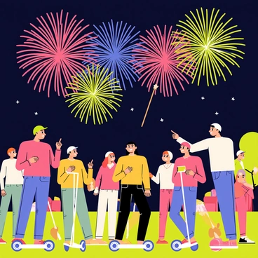 A crowd of diverse people riding mini segways. Some individuals are laughing and pointing as they watch a colorful fireworks display lighting up the night sky. The fireworks burst in vibrant colors of red, blue, green, and gold, creating a dazzling spectacle above them. The crowd is gathered on a grassy area, with a few trees in the background. People of various ages and styles are wearing casual clothing, enjoying the festive atmosphere.