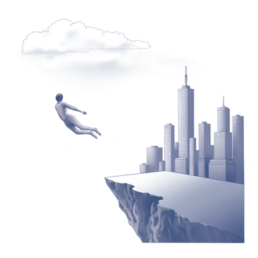 A diver in mid-air, executing a leap off a rocky cliff. The diver is in a streamlined position, arms extended and legs together, showcasing the athleticism of the jump. Below, the edge of the cliff is rough and jagged, contrasting with the smooth form of the diver. In the background, a bustling city skyline rises, featuring a mix of tall buildings with varied architectural designs, including skyscrapers and smaller structures. The sky above is vast and includes scattered clouds, framing the scene with a sense of height and adventure. The diver's focus is directed downwards, emphasizing the height of the jump above the city.