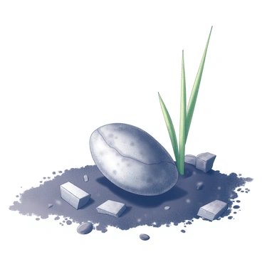 An ancient seed is situated in dark soil, with a small portion of the seed visible above the ground. The seed is irregularly shaped, showing signs of age. Green shoots are emerging from the seed, stretching towards the light. Surrounding the seed, there are traces of the time capsule, such as fragments of metal and aged wood, partially visible in the soil. The contrast between the old seed and the fresh green plant emphasizes the transition from the past to the present.