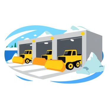 A winter scene depicting a large garage filled with several snowplows parked inside. The snowplows are bright yellow with large metal blades at the front. The garage has overhead lights casting a warm glow on the vehicles. Outside the garage, snow is piled high, and a light snow continues to fall, creating a white blanket on the ground. The garage doors are partially open, revealing the snowy landscape beyond.