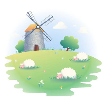 A peaceful meadow filled with lush green grass and wildflowers is spread out under a clear blue sky. Several fluffy white sheep are grazing contently, scattered throughout the meadow. In the background, there is an old stone windmill with weathered gray stones and a thatched roof. The windmill's blades are turning slowly, catching the gentle breeze. In the distance, a few trees provide shade, their leaves rustling softly. The scene is tranquil, embodying the beauty of a pastoral landscape.