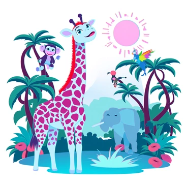 A playful jungle scene featuring a variety of cartoon animals. In the foreground, there is a cheerful giraffe with large, expressive eyes and a long neck that stretches to the treetops. Next to it, a small, mischievous monkey swings from a vine, grinning widely. In the background, lush green trees and colorful tropical plants fill the scene. A vibrant parrot with bright feathers perches on a branch, while a friendly elephant splashes water playfully with its trunk. The sun shines brightly overhead, casting warm light across the lively landscape. The entire scene is designed to be vibrant and engaging, suitable for a t-shirt.