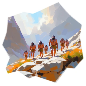 A group of Neanderthals traversing a rugged mountain landscape, surrounded by steep rocky cliffs and jagged peaks. They have muscular physiques and are dressed in animal hides. Some are carrying crude tools, while others are foraging for food among the sparse vegetation. The sky above is filled with dark, swirling clouds, suggesting an impending storm, with rays of sunlight breaking through in places, illuminating parts of the landscape. The ground is rocky and uneven, dotted with patches of grass and small bushes, reflecting the harsh wilderness they inhabit.