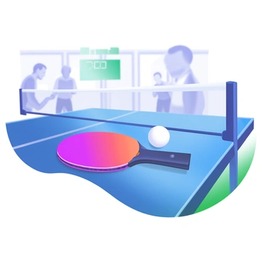 A blue table is set in a bright, indoor space. On the table, there is a table tennis paddle with a sleek black handle and a vibrant red face, positioned next to a bright white table tennis ball. The scene captures the excitement of competition, with hints of blurred figures of players in the background, displaying their focused expressions. A scoreboard can be faintly seen, indicating the competitive atmosphere. The lighting highlights the glossy surface of the table, emphasizing the details of the paddle and ball.