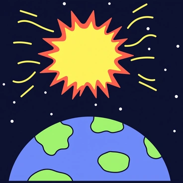 A dynamic solar storm with vibrant orange and yellow flares erupting from the sun's surface. Radiating outward, bright electromagnetic waves are depicted in a series of jagged lines and curves directed towards Earth. The Earth is shown in the foreground, partially illuminated, with a blue and green color palette representing land and oceans. The background is filled with a dark space, dotted with stars, adding depth to the scene.