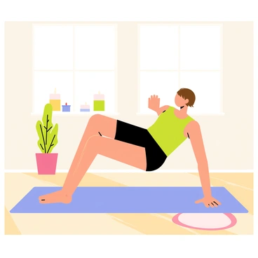 An individual with short brown hair is performing calf raises on a light blue yoga mat. The person wears a green tank top and black shorts. In the background, there are potted plants and softly glowing candles. A large window lets in natural light, creating a warm atmosphere in the room. The floor is wooden, and a soft rug is placed beside the yoga mat.