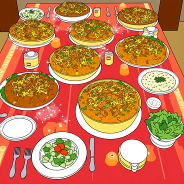 A large festive dining table covered with a vibrant tablecloth. The table is laden with multiple bowls of colorful biryani dishes, each with a unique topping of fried onions and fresh herbs. There are several small dishes of raita, creamy and garnished with cucumber and mint, placed alongside the biryani. A fresh salad bowl filled with diced tomatoes, cucumbers, and lettuce is also present, brightening the scene. Decorative plates and silverware surround the bowls, and a few scented candles add a warm ambiance to the table setup.