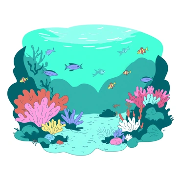 A teal underwater scene features a diverse array of fish swimming gracefully among colorful corals. Various species of fish, including small yellow clownfish and larger blue angelfish, dart playfully around the intricate coral formations. Some corals display a mix of pink and red hues, while others are bright white and orange, creating a vivid contrast against the deep blue water. Sunlight filters through the surface, casting shimmering patterns on the sandy ocean floor below.