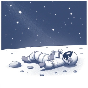 An astronaut in a space suit is lying on the moon's surface. The astronaut is positioned on their back, with arms outstretched and legs relaxed. The moon's surface is depicted with fine dust and scattered rocks surrounding the astronaut. The sky above is filled with numerous stars, creating a vast and open feeling. The stars appear bright and twinkling against the dark canvas of space. The astronaut's visor reflects some of the star light, adding to the scene's depth.