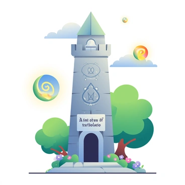A tall, stone wizard's tower rises majestically against a cloudy sky. The tower is adorned with intricate carvings of mystical symbols and glowing runes. Surrounding the tower are lush, green trees, their leaves rustling softly in the wind. At various heights, "magical orbs" of various sizes float around the tower, glowing in vibrant colors of blue, green, and gold. Each orb emits a soft light, illuminating the surrounding area. The orbs are depicted with swirling patterns, showcasing their transformative powers. In the foreground, a cobblestone path leads to the entrance of the tower, flanked by blooming flowers in shades of violet and pink. "A wizard's tower, magical orbs of transformation" is inscribed on a stone plaque at the tower's base.