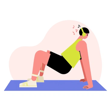 A person sitting on a blue exercise mat performing a knee plank. The individual has short black hair and is wearing a bright green tank top and black shorts. They are focused and have headphones on, with musical notes "floating" around them to indicate they are listening to music. The background features a soft pastel color, adding a lively atmosphere to the scene. The person's knees are on the mat, and their arms are firmly planted, showcasing their determination and engagement in the workout.