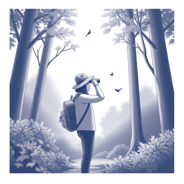 A person with a focused expression is standing in a dense forest, surrounded by tall trees and lush foliage. They hold a pair of binoculars up to their eyes, scanning the branches above. The birdwatcher is wearing a wide-brimmed hat and a backpack filled with birdwatching gear. Small birds are perched on the branches, some flitting between the trees. The forest floor is covered with a variety of plants and leaves, creating a rich texture in the scene. The light filters through the treetops, casting interesting shadows on the ground.