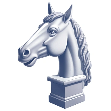 A horse head emerging from a pedestal, with intricately carved features that emphasize the details of the mane and muzzle. The texture of the surface mimics that of aged marble, with fine lines indicating the artist's skill. The eyes are expressive, capturing a sense of strength and nobility. The overall form is slightly weathered, showcasing wear from time, while maintaining a striking presence.