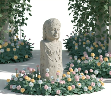 An ancient statue, made of weathered stone, stands in the center of a lush garden filled with vibrant flowers of various colors. The statue has intricate designs, yet its facial features are worn and partially eroded, giving it a mysterious and timeless appearance. Surrounding the statue, green foliage and climbing vines add a sense of nature reclaiming its space. Sunlight filters through the trees, casting dappled shadows on the ground, enhancing the serene atmosphere of the garden.