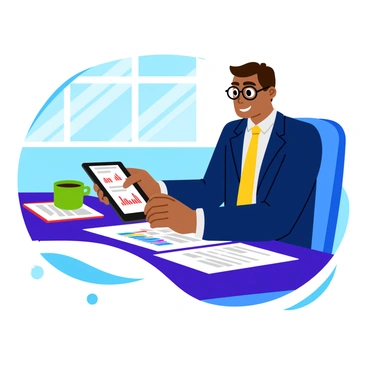 A broker sitting at a modern desk, intently analyzing market research on a tablet. The tablet displays colorful graphs and charts, depicting various data trends with vibrant lines and bars. The broker is wearing a sharp, professional suit and glasses, with a focused expression. In the background, there are financial reports and notebooks scattered on the desk, along with a cup of coffee. Natural light streams in through a nearby window, illuminating the scene.