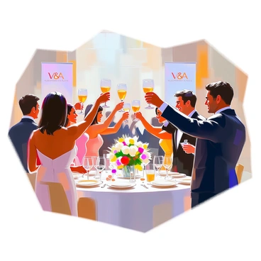 A group of diverse attendees, including men and women of various ethnicities, stand in a well-lit hall, raising their glasses in a toast to the winners at the "V&A Illustration Awards." The attendees are dressed in formal attire, showcasing elegant dresses and suits. Some are smiling broadly while others are capturing the moment with their smartphones. In the background, banners displaying the awards logo can be seen, along with tables adorned with floral centerpieces and other decorative elements. The atmosphere is filled with excitement and celebration.