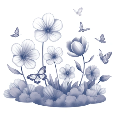 A garden filled with oversized flowers of various shapes and sizes. Each flower has distinct intricate patterns on its petals. Magical butterflies with delicate wings are fluttering around the flowers. Some butterflies rest on the flowers while others are mid-flight, showcasing their unique designs. The garden is arranged with winding paths that allow for exploration through this captivating environment. 