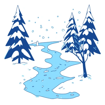 A snowy creek landscape with icicles hanging from branches and snowflakes gently falling.