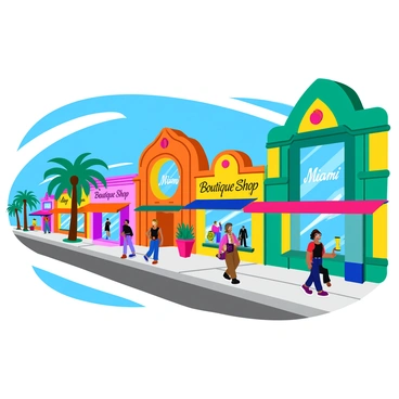 A row of boutique shops featuring intricate Art Deco designs with bold geometric patterns and bright pastel colors. The shops have large glass windows displaying stylish clothing and accessories. People are walking along the busy Miami street, some stopping to admire the unique storefronts. Palm trees line the sidewalk, and colorful awnings extend over the entrances of the shops, adding to the vibrant atmosphere. "Boutique Shop" signs in elegant fonts are visible above each entrance. The sky is clear blue, enhancing the lively scene.