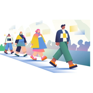 A fashion runway is set with a backdrop featuring angular, geometric shapes in various colors. Several models are walking down the runway, each showcasing unique outfits that consist of sharp lines and geometric patterns. One model is wearing a dress with a triangular design in shades of blue and yellow, while another model sports a jacket with a patchwork of rectangle shapes in contrasting colors. The runway is lined with spectators, and bright lights illuminate the scene, casting varied shadows created by the models' sculptural attire.