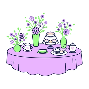 A charming tea party setup is arranged on a round table covered with a pastel tablecloth. The table is adorned with "flower-themed decorations" including small vases with blooming flowers and decorative napkins featuring floral patterns. On the table, there is a tiered stand filled with various snacks, such as delicate sandwiches, scones, and cupcakes with floral designs. A teapot, elegantly designed, sits alongside matching tea cups. The surroundings include additional flower arrangements, creating a welcoming atmosphere for guests.