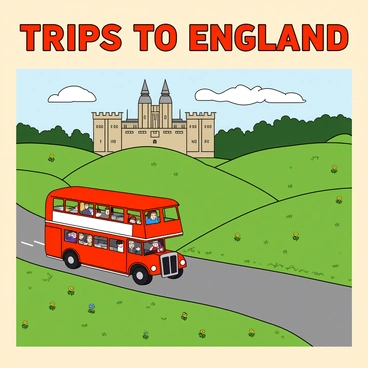 A vintage travel poster features an inviting scene that showcases a picturesque view of England. In the foreground, there are rolling green hills dotted with colorful wildflowers. A classic red double-decker bus is driving along a winding road, and a couple of cheerful tourists are seen waving from the top deck. In the background, there is an iconic castle with tall spires and stone walls, surrounded by lush trees. Above the scene, the text reads "Trips to England" in bold, vintage-style lettering. The overall color palette includes soft pastels and warm tones to evoke a sense of nostalgia and adventure.