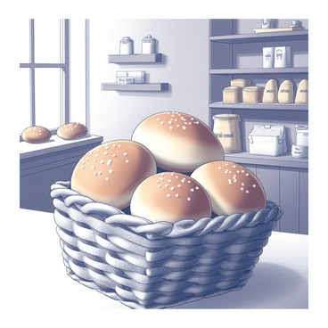A basket filled with freshly baked buns in a rustic bakery setting