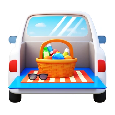 A picnic basket filled with an assortment of food and beverages sits open on a colorful picnic blanket. The picnic blanket is spread out across the backseat of a white car. Sunlight streams through the windows, highlighting the clean interior of the vehicle. A pair of sunglasses rests on the console, suggesting a warm day ahead. The car is parked in a scenic location, ready for a relaxing day outdoors.