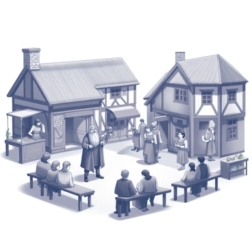 A medieval village square bustling with activity. In the center, a group of townsfolk is gathered closely around a storyteller, who is animatedly sharing a tale. The storyteller is an older man with a long, flowing beard, wearing a tunic and a cloak. He gestures expressively with his hands to captivate his audience. The townsfolk include men and women of various ages, dressed in simple medieval attire such as tunics, dresses, and cloaks. Some are sitting on wooden benches, while others are standing, all listening intently. Surrounding the square are quaint thatched-roof buildings, with wooden beams and stone walls, creating a rustic backdrop to the lively scene. In one corner of the square, a small market stall displays various goods, adding to the vibrant atmosphere.